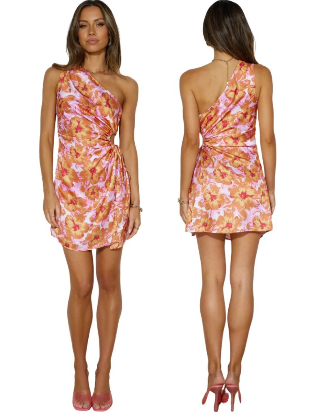 Hello Molly Loving That Girl Mini Dress Women's Small Orange Floral One Shoulder